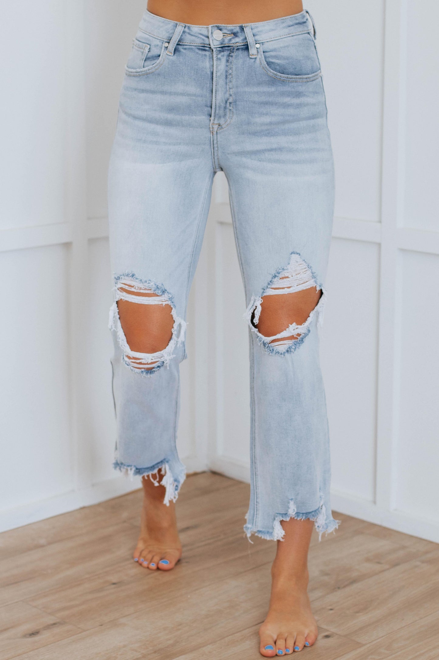 Jeans Vintage Talle Alto Deshilados – Azul Claro